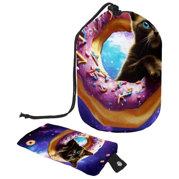 PhooArto Travel Cosmetic Bags Barrel Makeup Bag, Multifunctional Toiletry Bucket Bags Round Organizer Storage Pocket, Galaxy Cat and Donut