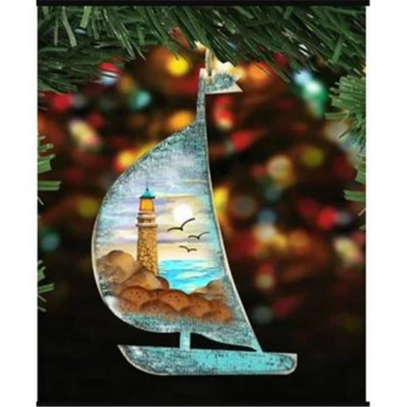 8198524 Lighthouse Scenic Boat Scenic Wooden Christmas Ornament Set of 2