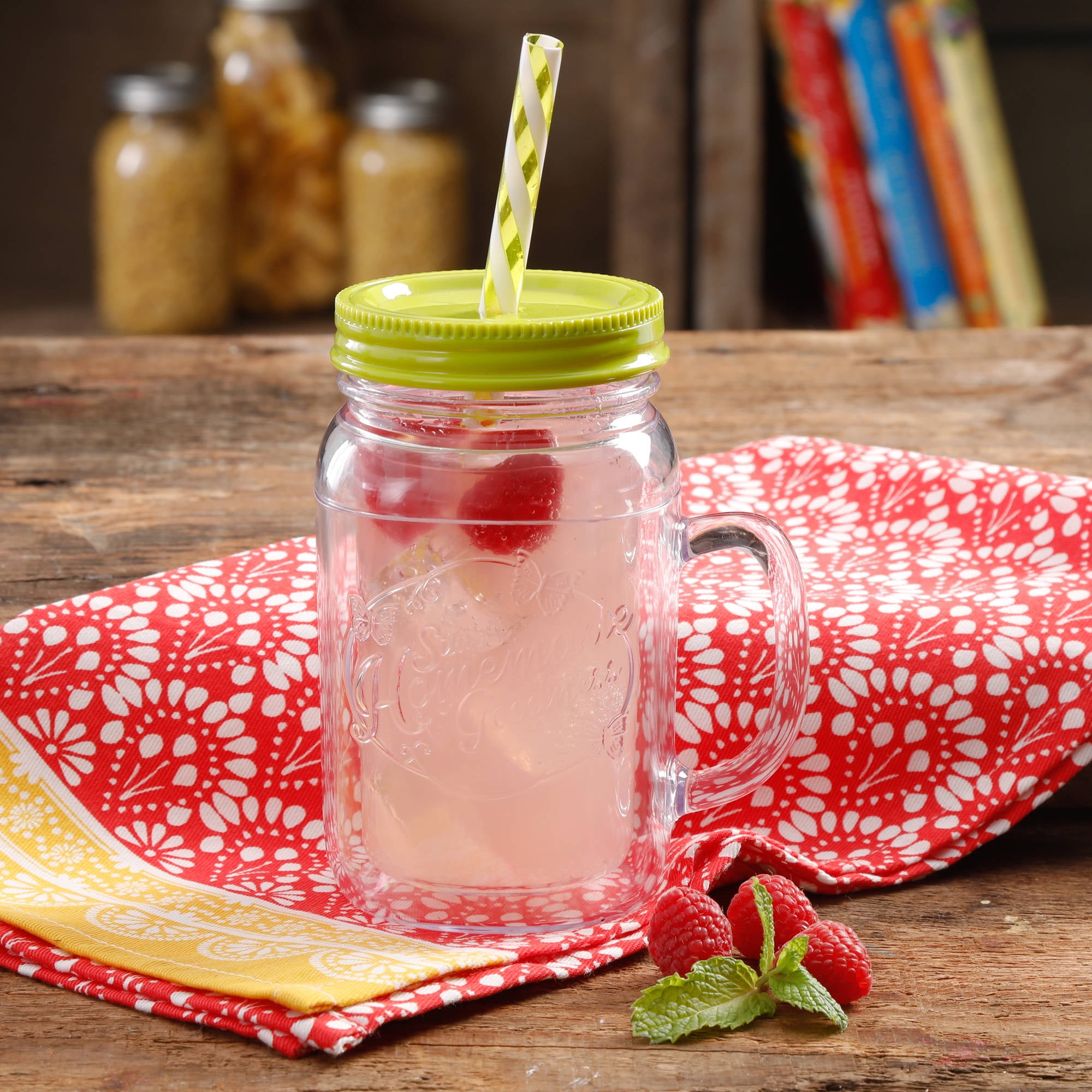 4-Pack The Pioneer Woman Simple Homemade Goodness 16-Ounce Mason Jar with Timeless Floral Lid and Straw