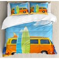 thumbnail image 1 of Graphic Beach Duvet Cover Set Queen Size, Happy Camper Retro Van and Colorful Surfboards Cartoon at Seaside, Decorative 3 Piece Bedding Set with 2 Pillow Shams, Sky Blue Multicolor, by Ambesonne, 1 of 3