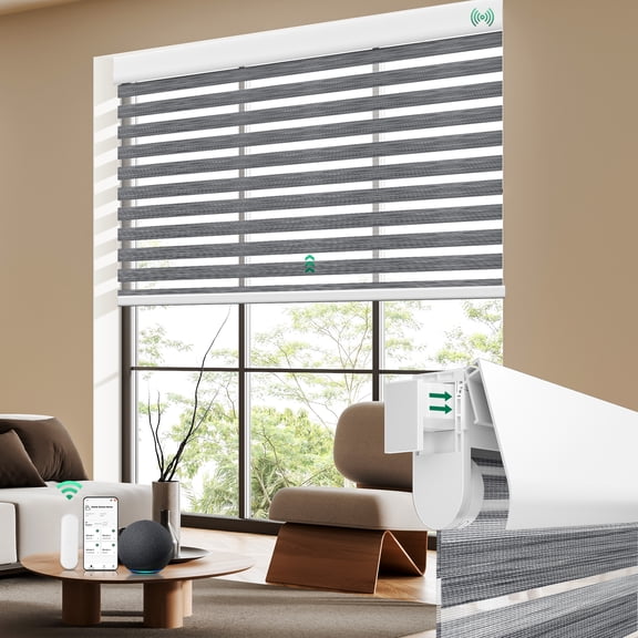 Allesin No Drill Motorized Zebra Shades with Remote, 50% Light Filtering Smart Blinds for Apartments & Rentals, Alexa Compatible, Auto Day/Night Adjustment (Rock Gray 36"W x 72"H)