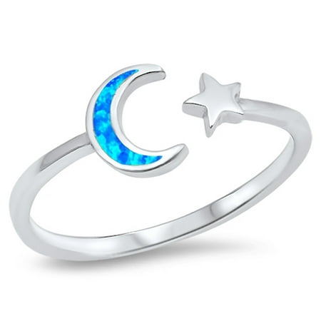 CHOOSE YOUR COLOR Open Moon Star Blue Simulated Opal Cute Ring New .925 Sterling Silver