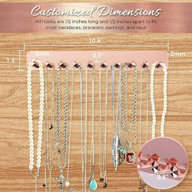 Necklace Organizer - 2 Pack - Easy-Install 10.5x1.5 Hanging Necklace  Holder Wall Mount with 10 Necklace Hooks - Beautiful Necklace Hanger also  for Bracelets and Earrings (Rose Gold) 