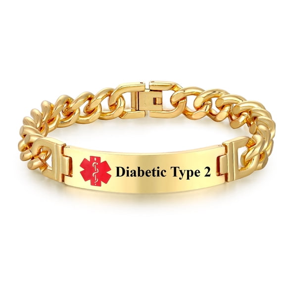 Wollet 21.5CM(8.46'') Stainless Steel Medical Alert Men's Bracelet, Engraved Diabetic Type 2