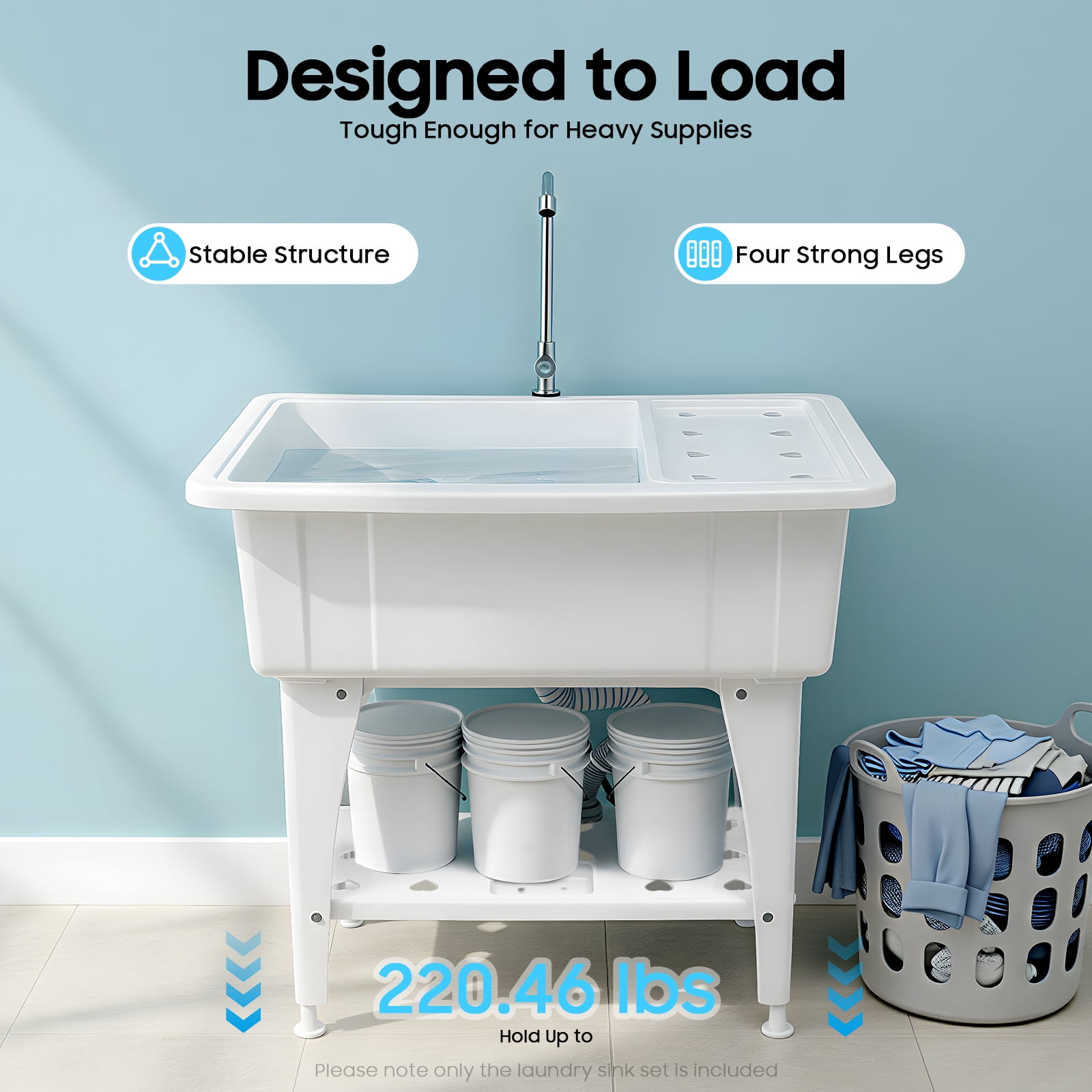White Utility Sink Laundry Tub Freestanding Laundry Sink With Drainboard+Faucet