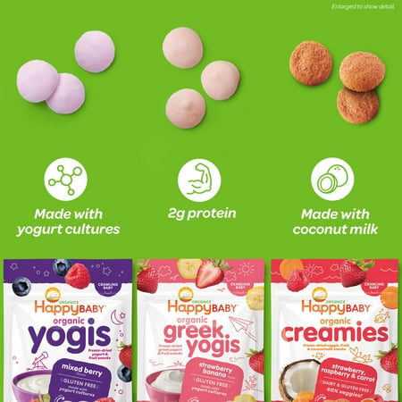 Happy Baby Organics Greek Yogis, Strawberry Banana & Greek Yogurt Organic Freeze-Dried Baby Snack, 1 oz Bag (Pack of 8)