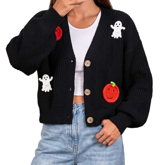 Edvintorg Cropped Cardigan for Women Halloween V Neck Loose Casual Knit Sweater Lightweight Open Front Top Women Clothing Black S-XL