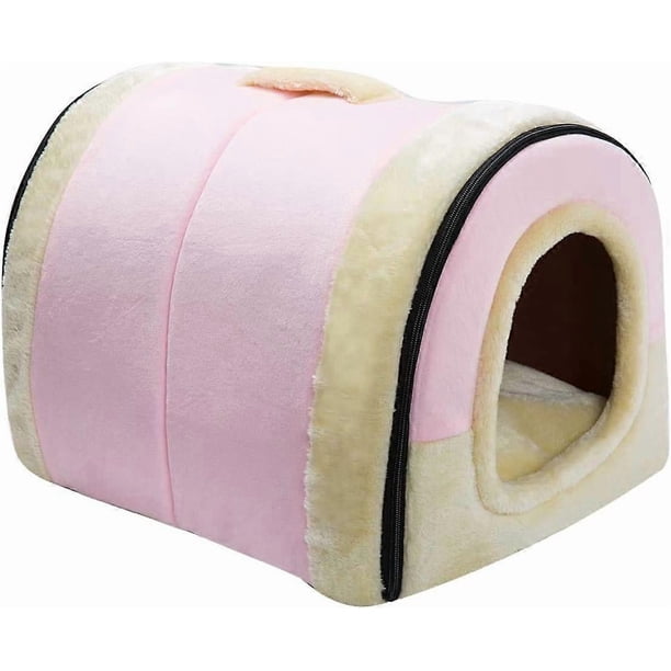 Cat Bed 2-in-1 Foldable Pet Bed for Cats and Small Dogs Pet Tent Cave Bed, Crystal Velvet Indoor Outdoor, Pink 42*36cm