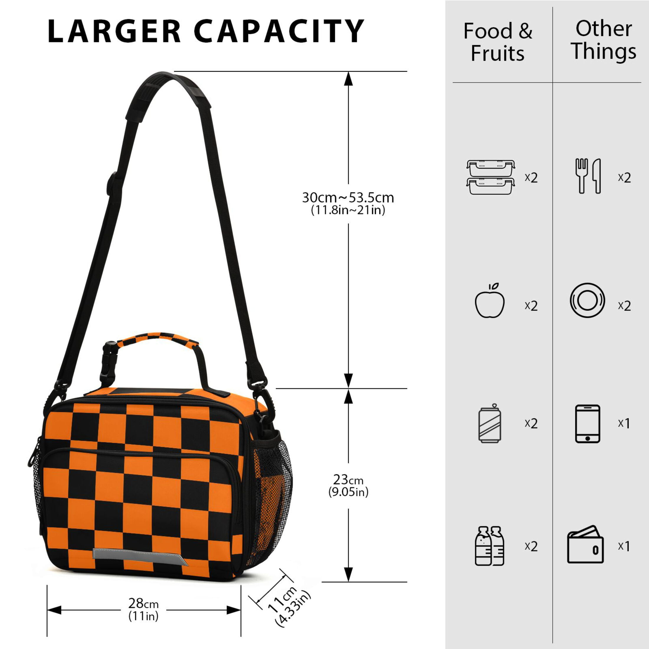 ALAZA Orange Checkered Grid Pattern Lunch Box Insulated Cooler Bag Reusable Tote Bags Shoulder Strap