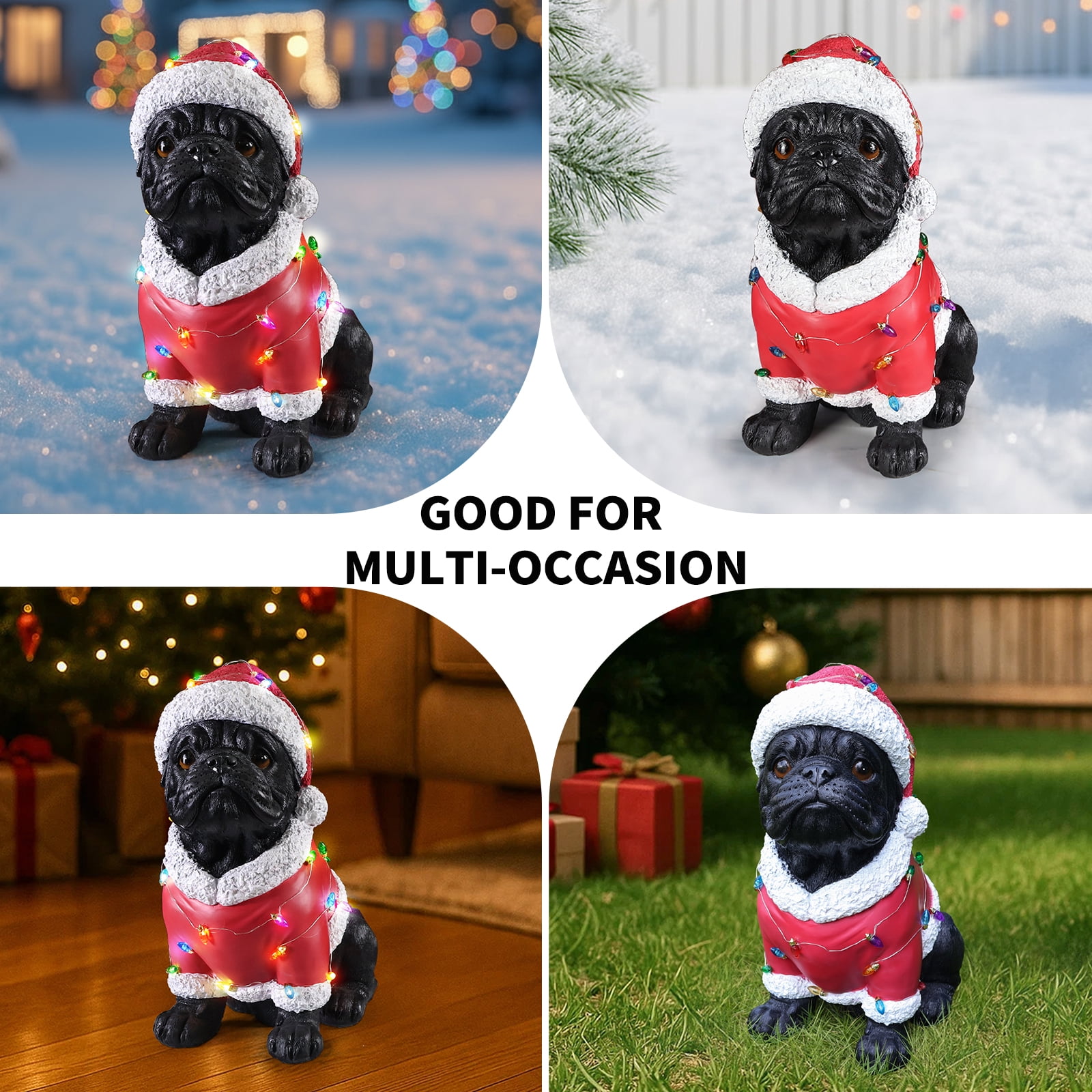 Pug Santa Outfit Christmas Dog Statue with Santa Hat Bulb Accents Holiday Tabletop Decor