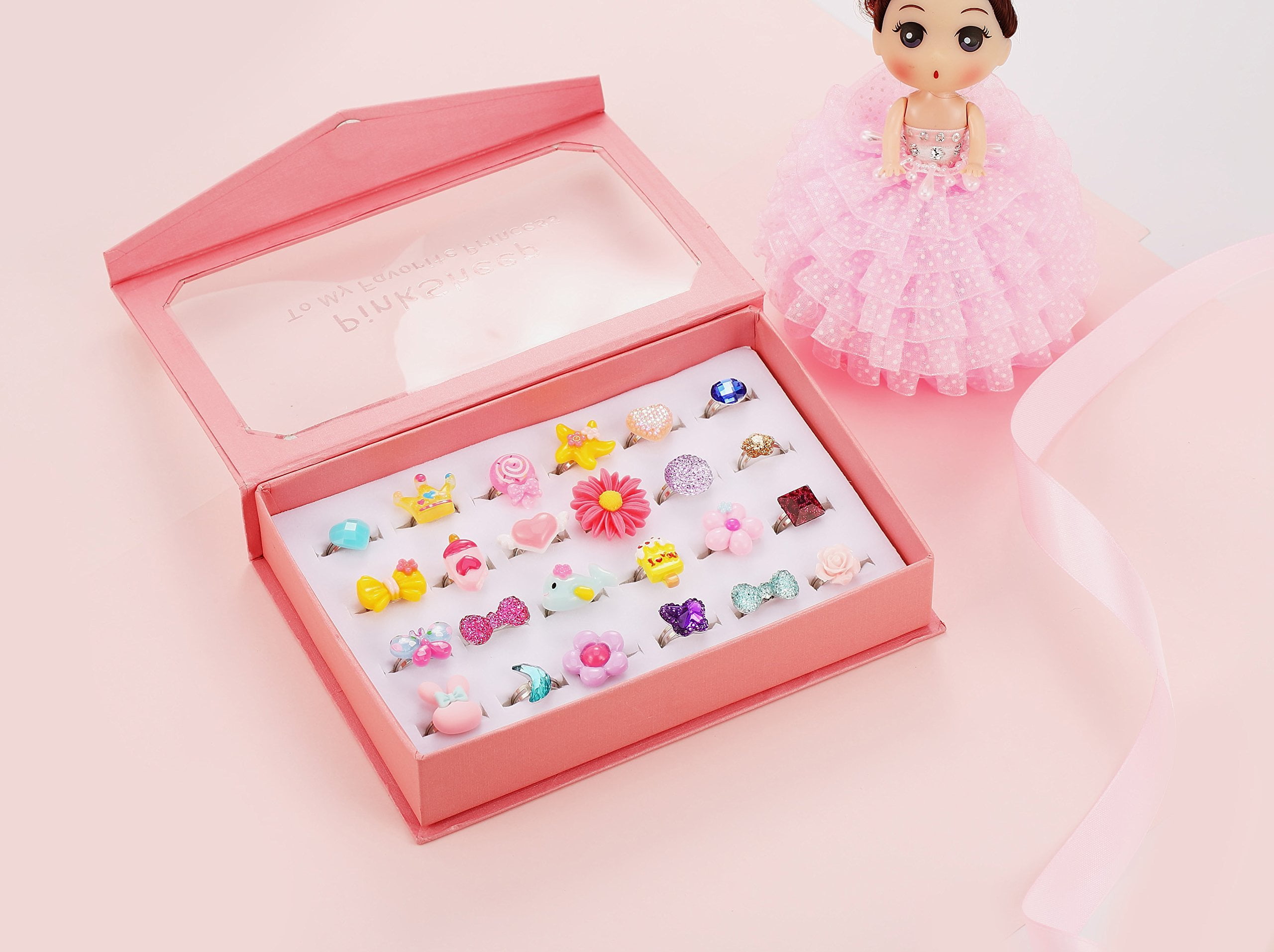 Girls Beuty Pinksheep Little Girl Jewel Rings In Box Adjustable No Duplication