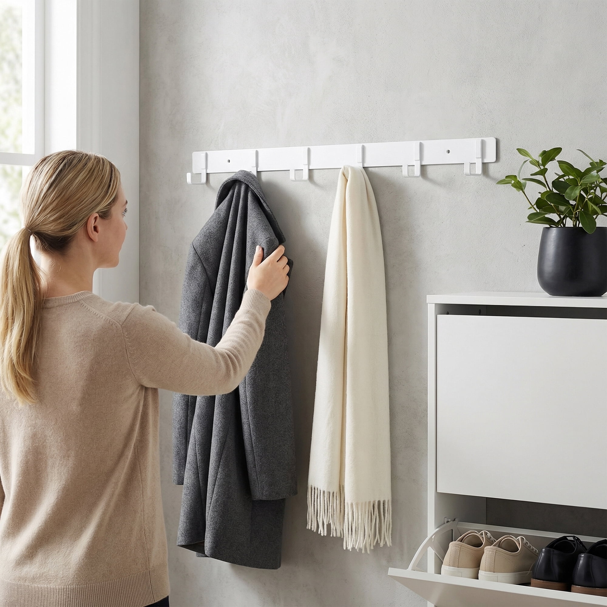 Unique Bargains Coat Rack Wall Mount Metal Wood 6 Hooks for Entryway Bathroom White