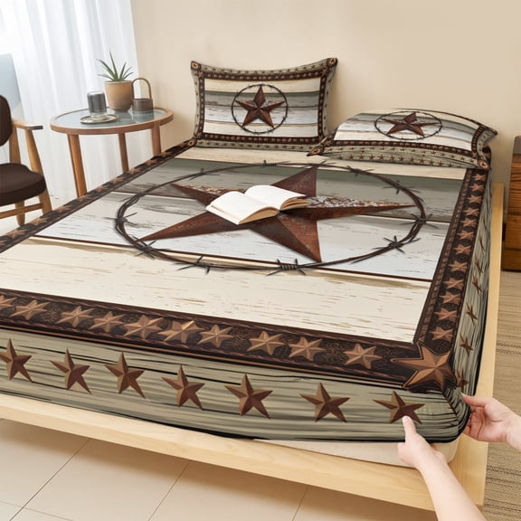 Twin XL Size Fitted Sheet Set - Texas Star Farm 2 Piece Bedding Sets 16" Deep Pocket Fitted Sheet with 1 Pillowcases, Vintage Country Star Brown Wood Grain Brushed Microfiber Hotel Luxury Bed Sheets