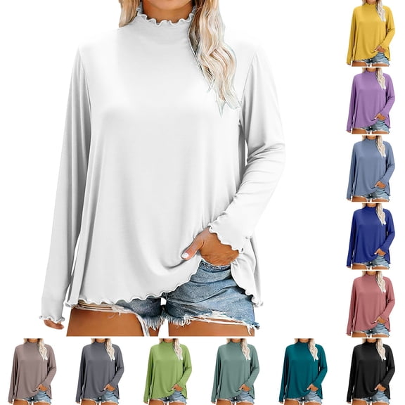 Women's Long Sleeve Mock Neck Base Tee Casual Trim Top Plus Size Lightweight
