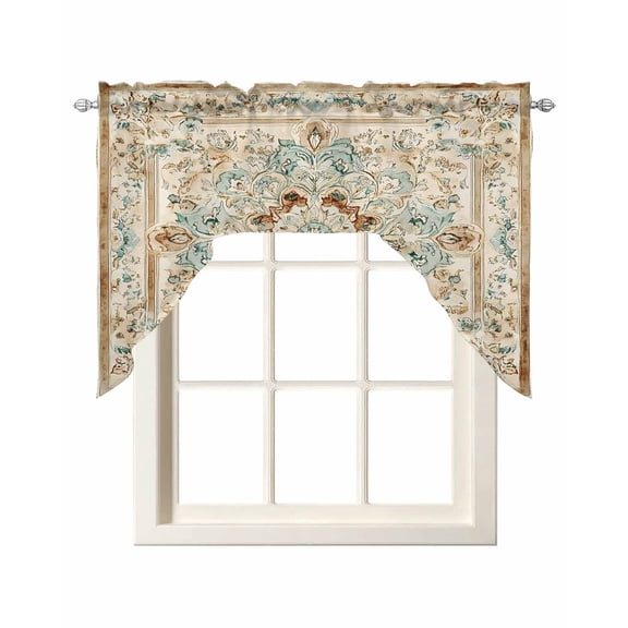 Vintage Flowers Pattern Swag Valance and Tier Curtains Set Ethnic Classical Bohemian Style Kitchen Curtains 3 Piece Set Rod Pocket Panels for Bedroom Cafe 56x36 inch