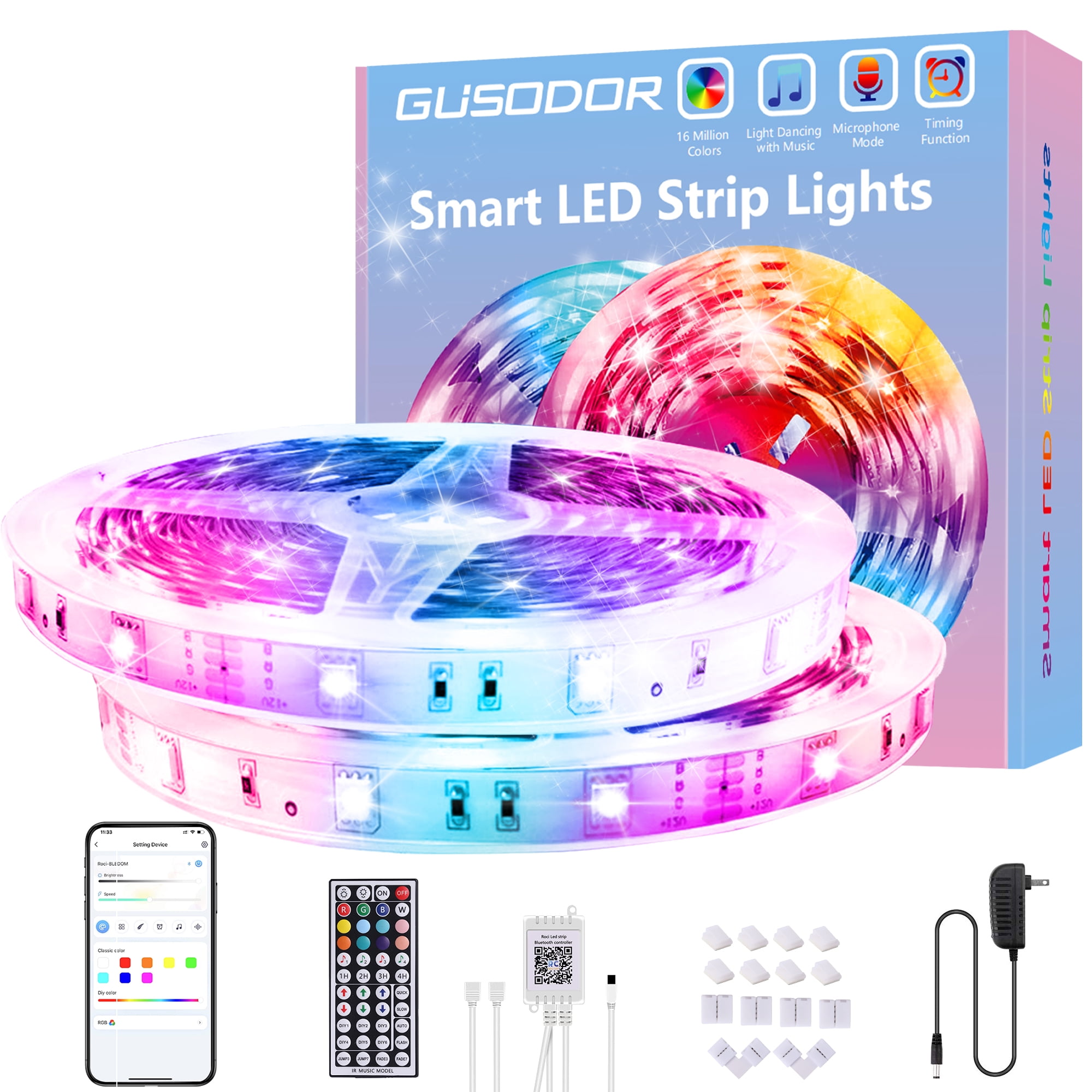 65.6FT RGB Music Sync Color Changing LED Strip Lights Remote For Home Decoration 