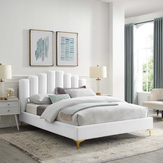 Modway Olivia Lit Plateforme Grand Format en Velours de Performance et Polyester, Blanc