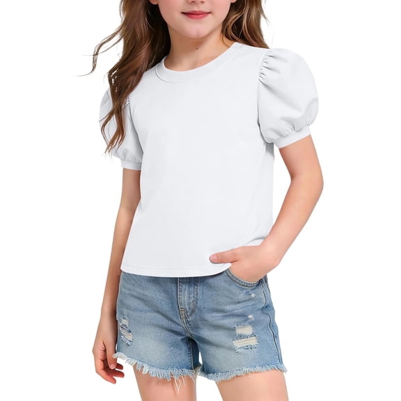 Amidoa Girls T Shirt Puff Sleeve- Short Sleeve Casual Cute Fashion Kids Summer Tops Tees White Size 8