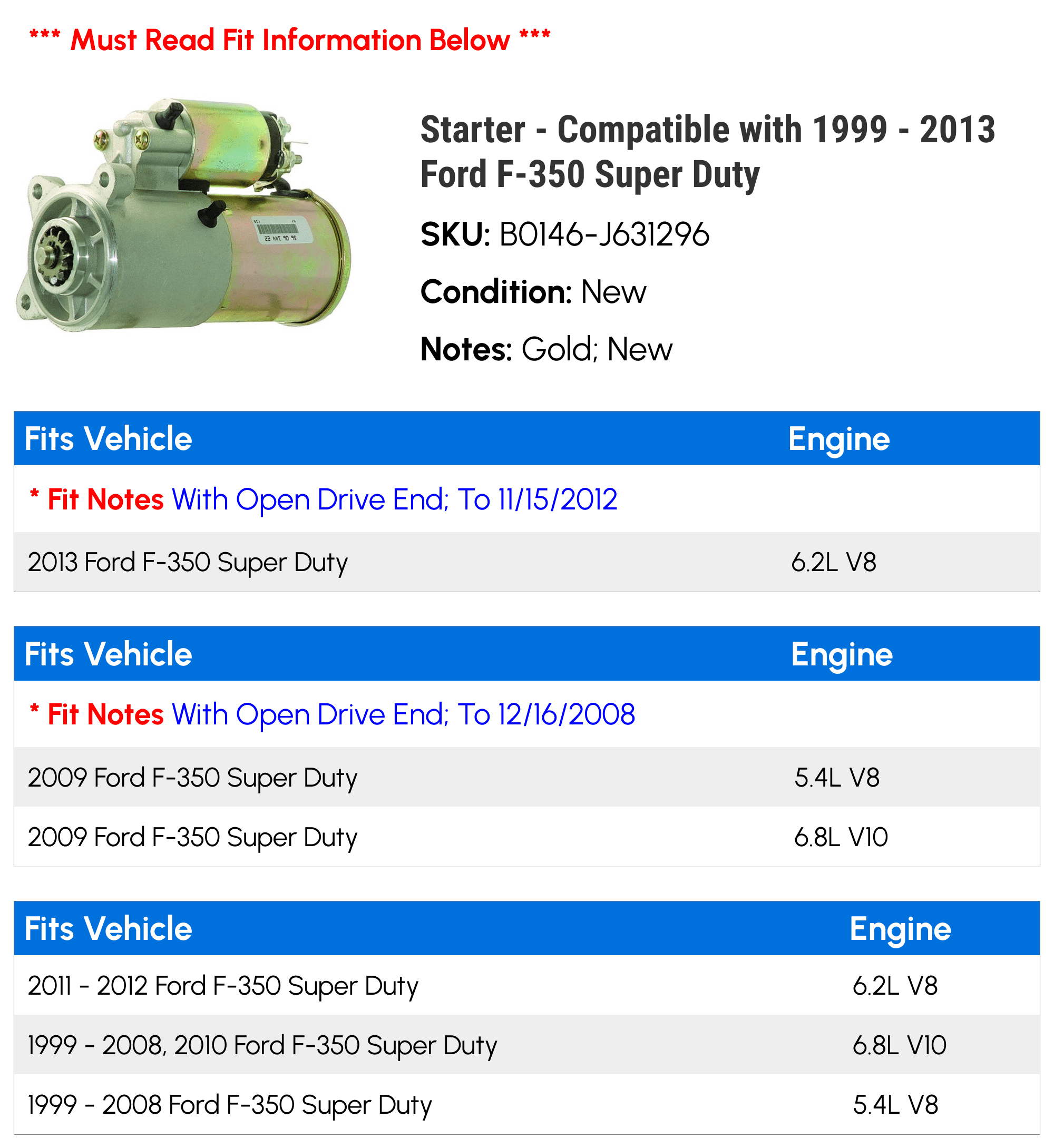 Starter - Compatible with 1999 - 2013 Ford F-350 Super Duty 2000 2001 2002 2003 2004 2005 2006 2007 2008 2009 2010 2011 2012