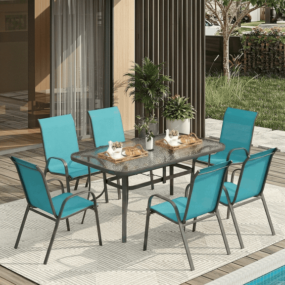 Arlopu 7pcs Patio Dining Table & 6 Stackable Chairs, Tempered Glass Top w/ Umbrella Hole, Patio Dining Set for Garden Poolside