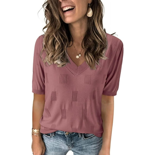 Arach&Cloz Women's V-Neck Short Sleeve Special Rib Knitted Pattern Casual Tops Sweater Spring Summer 2025