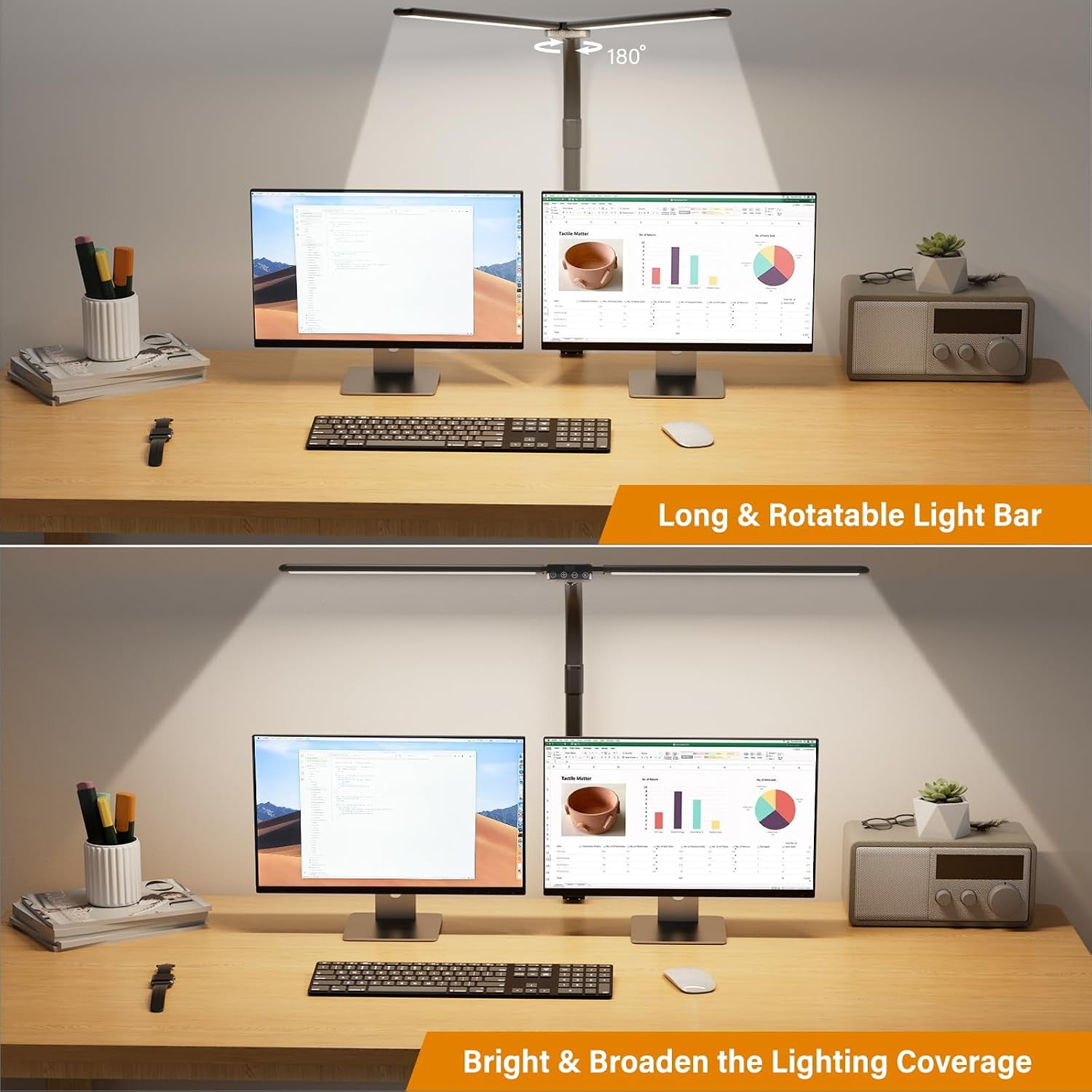haoqian LED Desk Lamp for Home Office - Dimmable Computer Desk Light with Clamp Modern Architect Task Lamp with Color Changing Flexible Desktop Lamp with Gooseneck for Monitor Double Head Black