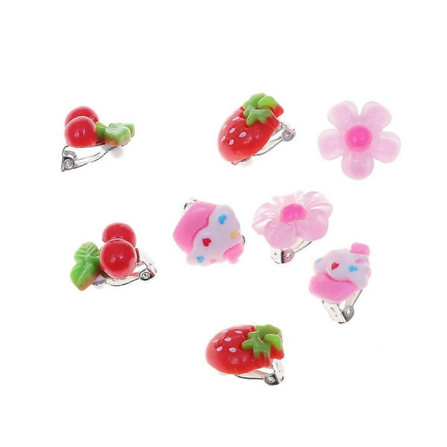 8pcs Kids Clip-on Earrings Girls Ear Clip Decorations Party Favors (Strawberry + Cherry + Ice Cream + Flower, 2 Pairs Each)