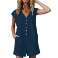 thumbnail image 7 of Women's Short Cuffed Sleeve Utility Rompers Elastic Waist Button Down Cotton Pocketed Jumpsuit Navy L(L), 7 of 7