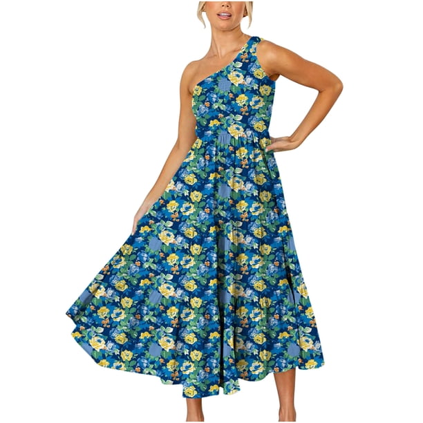 Maxivestido de playa con estampado de verano bohemio para mujer, sin mangas, con hombros descubiertos, fluido, escalonado Pompotops ghjkhdj3095