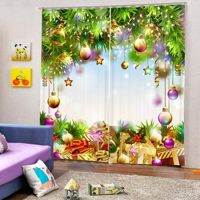 Cortina navideña con impresión digital, bola navideña, estrella, campana, cortina decorativa de poliéster