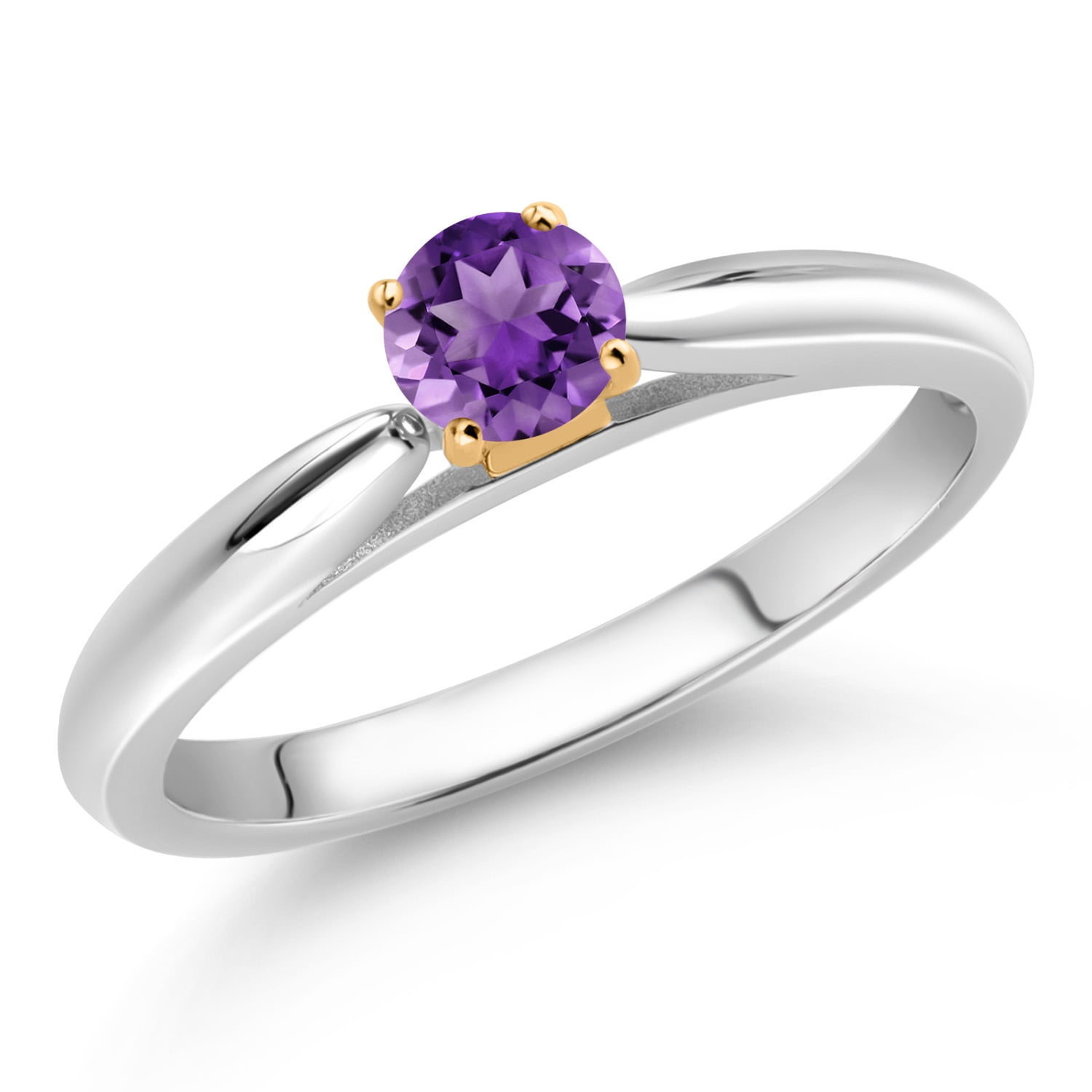 Gem Stone King 925 Silver and 10K Yellow Gold Ring Purple Amethyst Solitaire Engagement Ring for Women (0.25 Cttw, Gemstone February Birthstone, Round 4MM, Size 5)