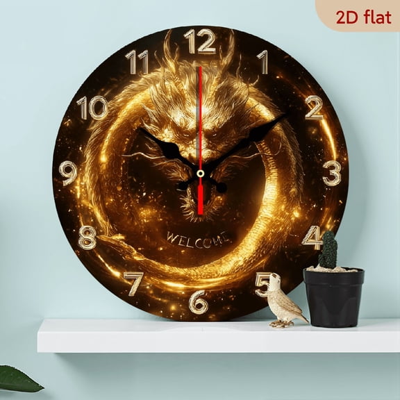 2D Flat 1pc 10Inch Wooden Golden Dragon Welcome Wooden Wall Clock, Silent Clock with Golden WELLCOMEWording, Suitable for Living Room, Bedroom, Kitchen, Office, Garden Decoration, Modern Home Ar