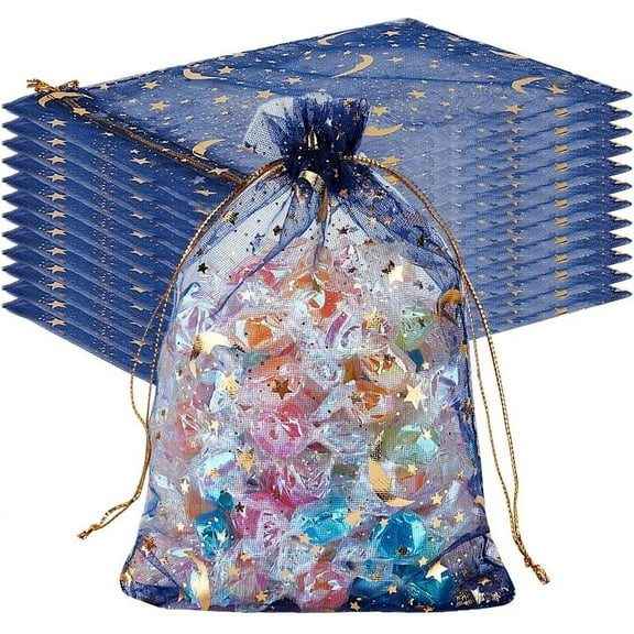 1 Set 50Pcs Organza Bags Gold Stamping Stars Marine Blue Drawstring Mesh Bags Rectangle Candy Gifts Storage Favor Pouches for Christmas Wedding Party Valentine's Day 5x7 Inch