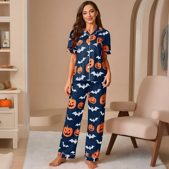 MYFLOCY Halloween Pajamas Women Long Sleeve Button with Pant 2 Piece Sets ( L )