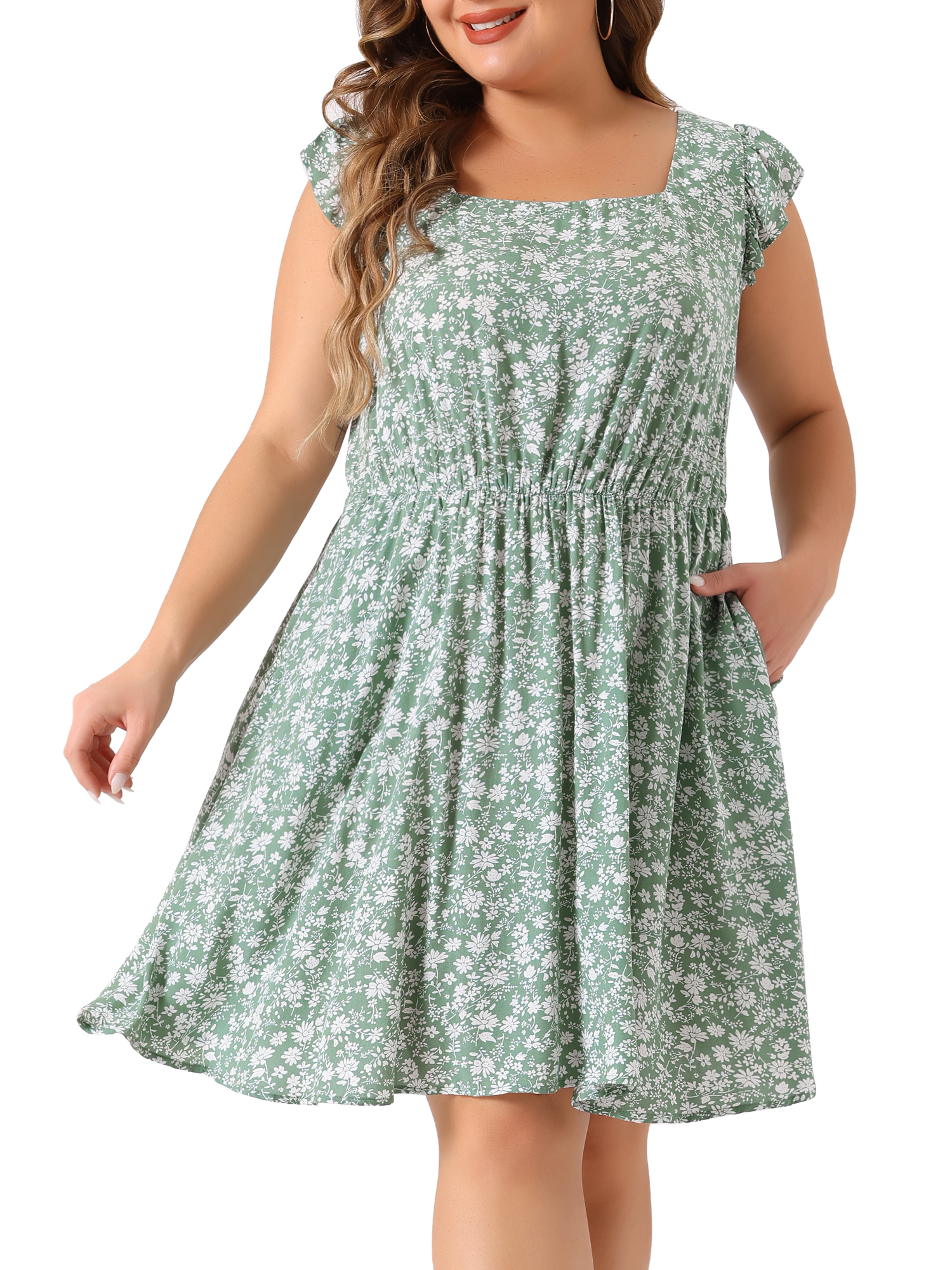 DARING DIVA Plus Size Square Neck Ruffle Short Sleeve Midi Dress 1X Green