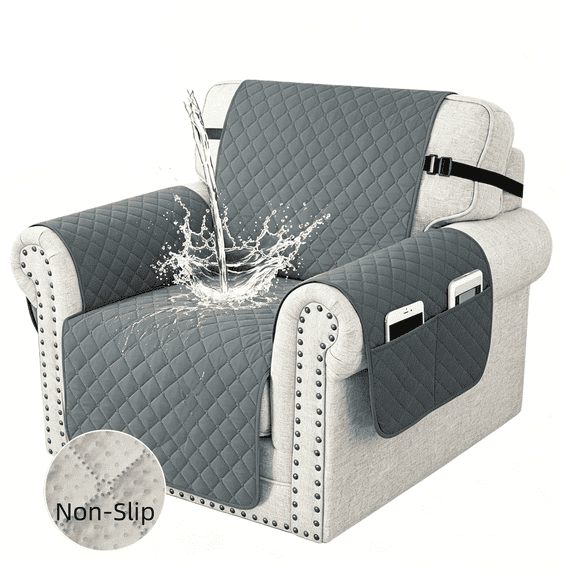 Recliner Chair Cover, Reversible Chair Cover Slipcover Waterproof Couch Cover Recliner Furniture Protector with Elastic Straps, Pockets Non-Slip Washable Pet Cover for Dogs Cats(23.6", Dark Grey)