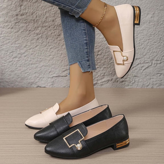 Miluxas Women's Closed Pointed Toe Low Heel Dress Shoes Comfortable Slip On Metal Buckle Decoration Non-Slip Chunky Low Heel Pumps White 9.5(43)