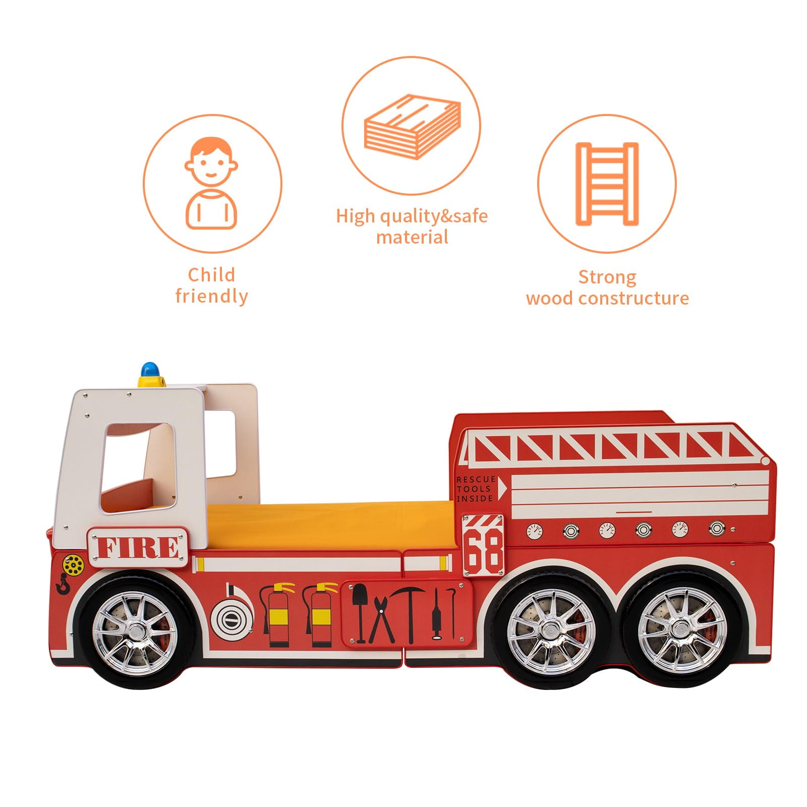 Twin Size Fire Truck Bed for Kids - Red Wooden Platform Frame with LED Lights, Wheels & Slat Support ,No Box Spring Needed