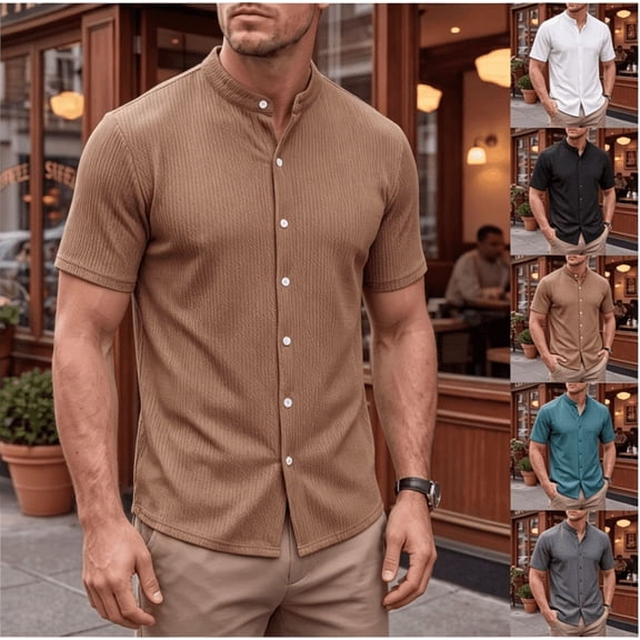 Men's Slim Fit Polo Shirts Short Sleeve Breathable Stand up Collar Button Down Golf Shirts Ribbed Knit Soft Cotton Tops Sizes S-2XL White