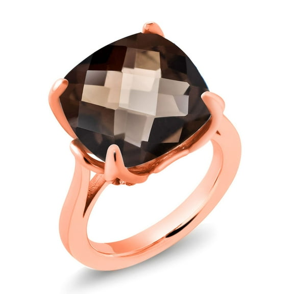 Gem Stone King 18K Rose Gold Plated Silver Brown Smoky Quartz and White Moissanite Engagement Ring for Women (9.70 Cttw, 14MM Cushion Checkerboard, Size 7)