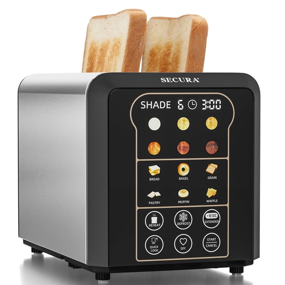 Secura Grille-Pain Automatique 2 Tranches à Écran Tactile, Grille-Pain Intelligent avec Minuterie Numérique, 6 Types de Pain et 6 Niveaux de Brunissage, Réchauffer, Déforest, +10 s, Autonomie Prolongée