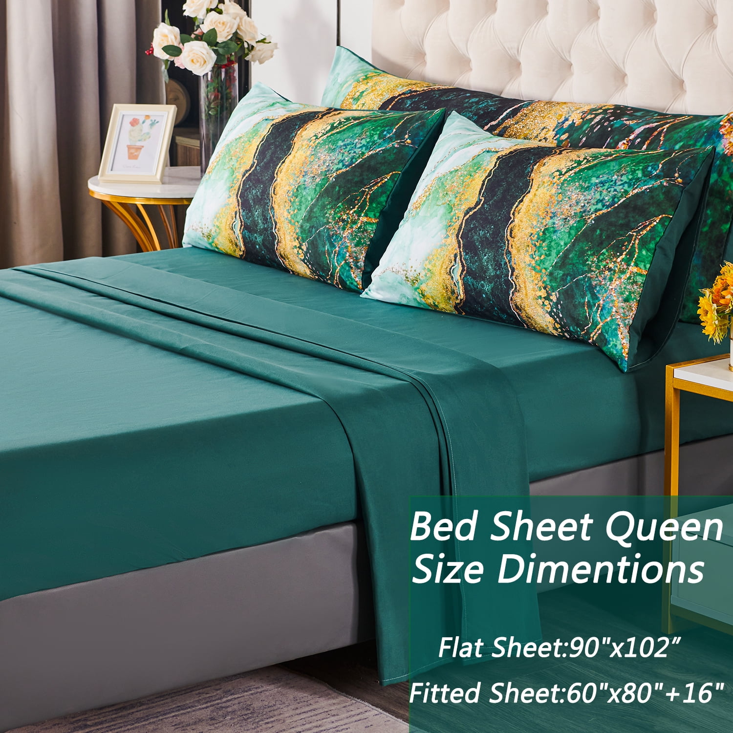 PERFEMET Green Watercolor Marble Comforter Set Tie Dye Queen Size Bedding Set with Matched Bed Sheets Colorful Retro Artwork Style Bed Collections Super Soft Breathable Quilt Set(Green,Queen)