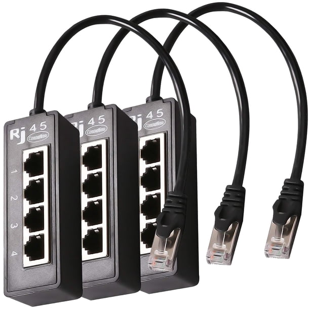 Divisor Rj45 1 Macho 4 Hembras NetDivisor 3Pzas Divisor RJ45 1-4 Hasta 100Mbps Interior Negro Plástico y Metal.