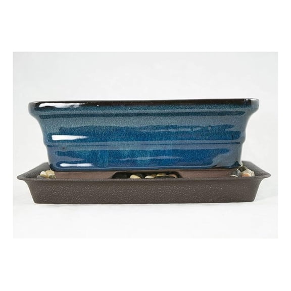 8" Dark Blue Rectangular Planter Pot with Tray & Rocks - Cactus Succulent Plant Pots - Indoor Outdoor Home Decor - 1.5 Quart Capacity