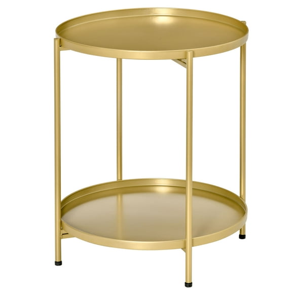 HOMCOM 2-Tier Gold End Table, Round Sofa Side Table for Small Spaces, Accent Table with Removable Trays and Metal Frame for Living Room Bedroom