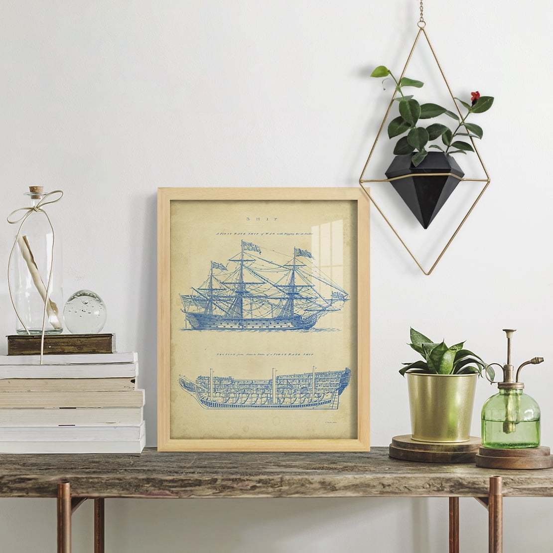 Vintage Ship Blueprint -Framed Print w/glass-Natural Wood