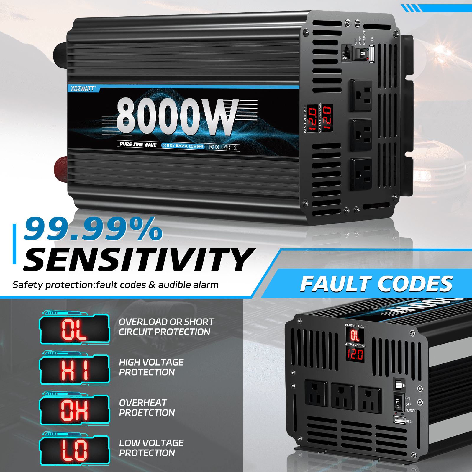 XDZWATT 12V 3000W Continuous 8000W Surge Power Inverter LCD Display for Car
