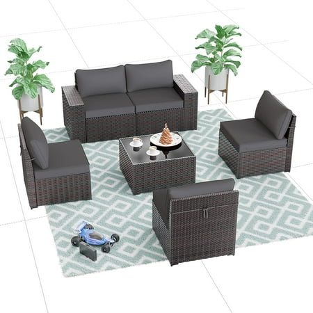 Gotland Patio Furniture Sets 6 Pieces Patio Sectional Outdoor Furniture Patio Sofa Chairs Set All Weather PE Rattan Wicker Couch Conversation Set Grey