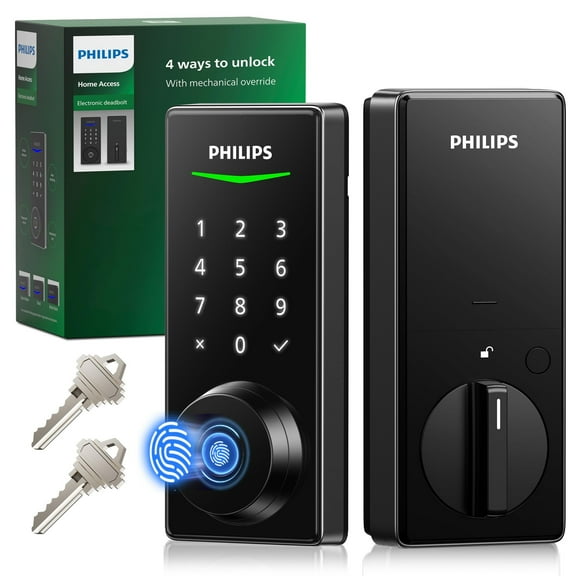 Philips Fingerprint Keyless Entry Door Lock, Electronic Door Lock with Touchscreen, Long-Lasting Battery, Auto Locking, One-Time Code, Keypad Deadbolt, One-Touch Locking, Matte Black