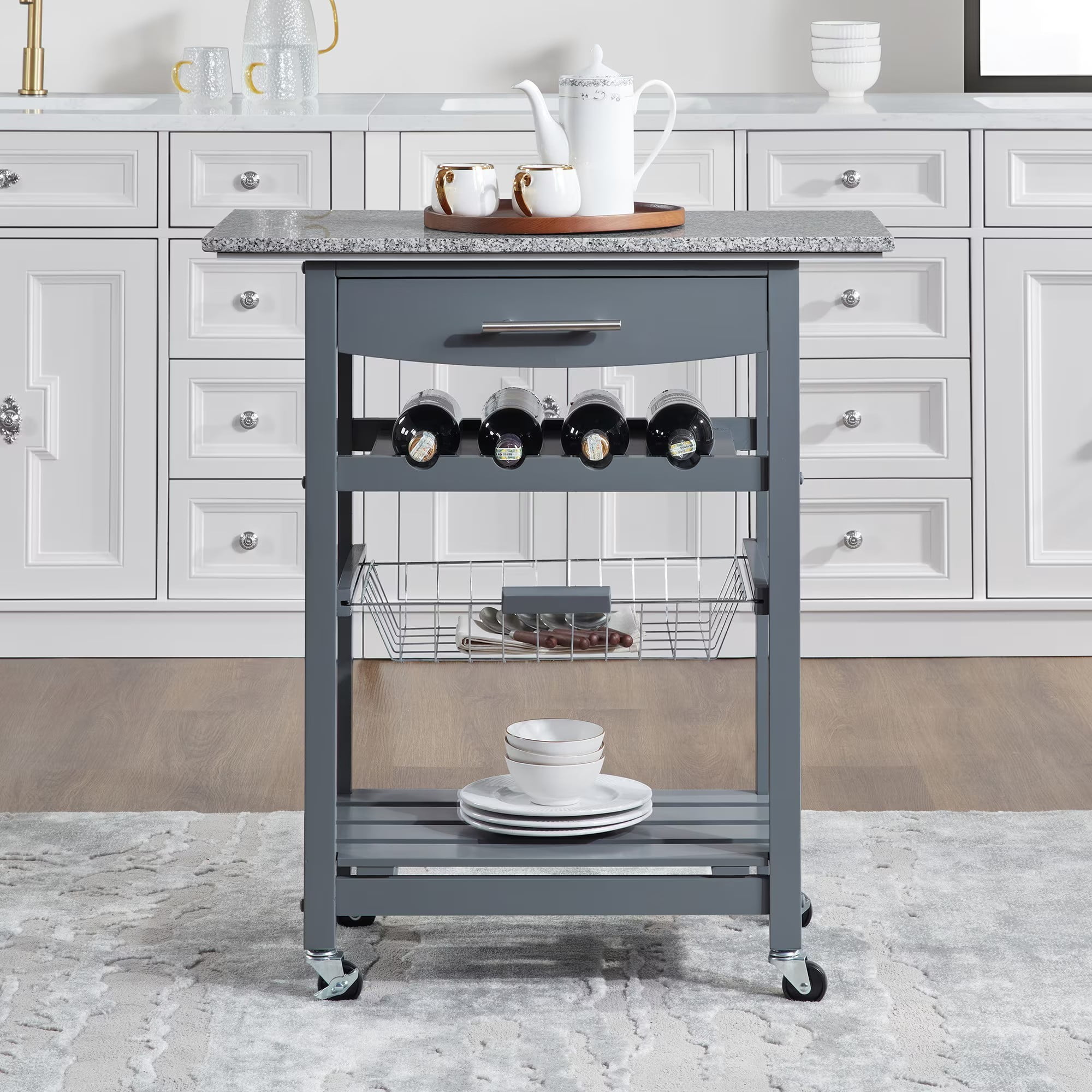 Mobile Rolling Kitchen Island Cart with Marble Top, Kitchen Trolley with Drawer & Slide-Out Wire Basket, Lockable Wheels, Portable Serving Cart for Kitchen, Dining Room, Grey